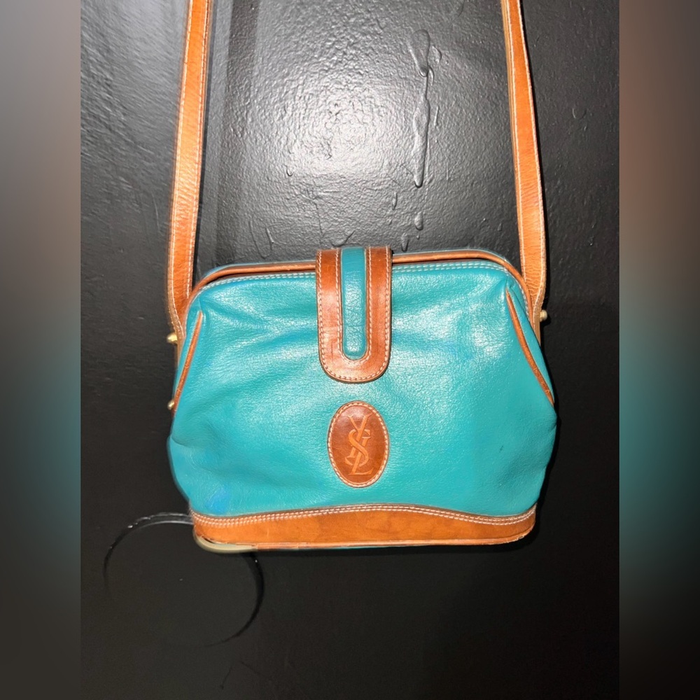 Yves Saint Laurent Teal and Tan Crossbody Bag